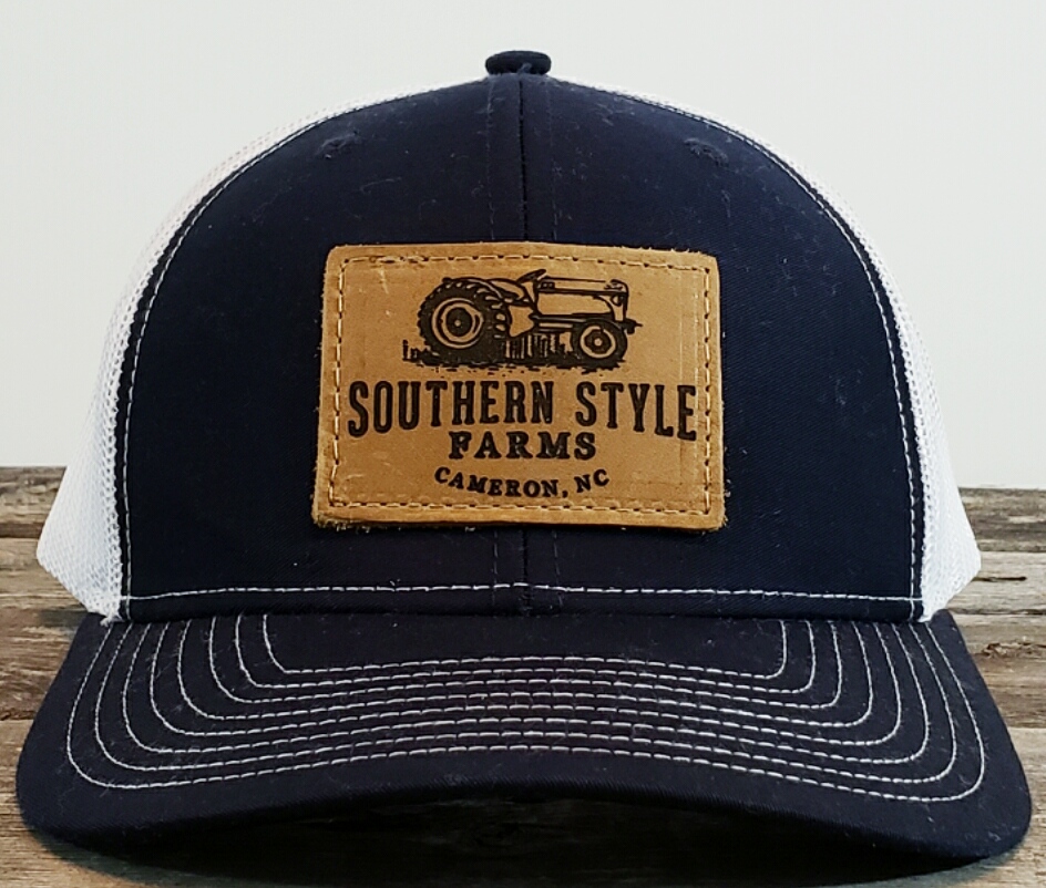 Custom Leather Square Patch Hat – Navy-White – Southern Style Farms
